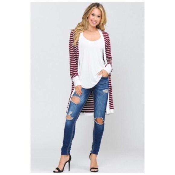 Burgundy Striped Open Front Cardigan With Pockets - Picture 3 of 5